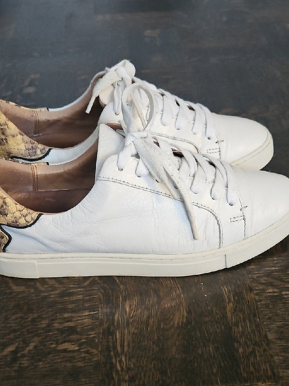 Frye White Leather Lace-Up Sneakers with Beige Snake-Print Heel